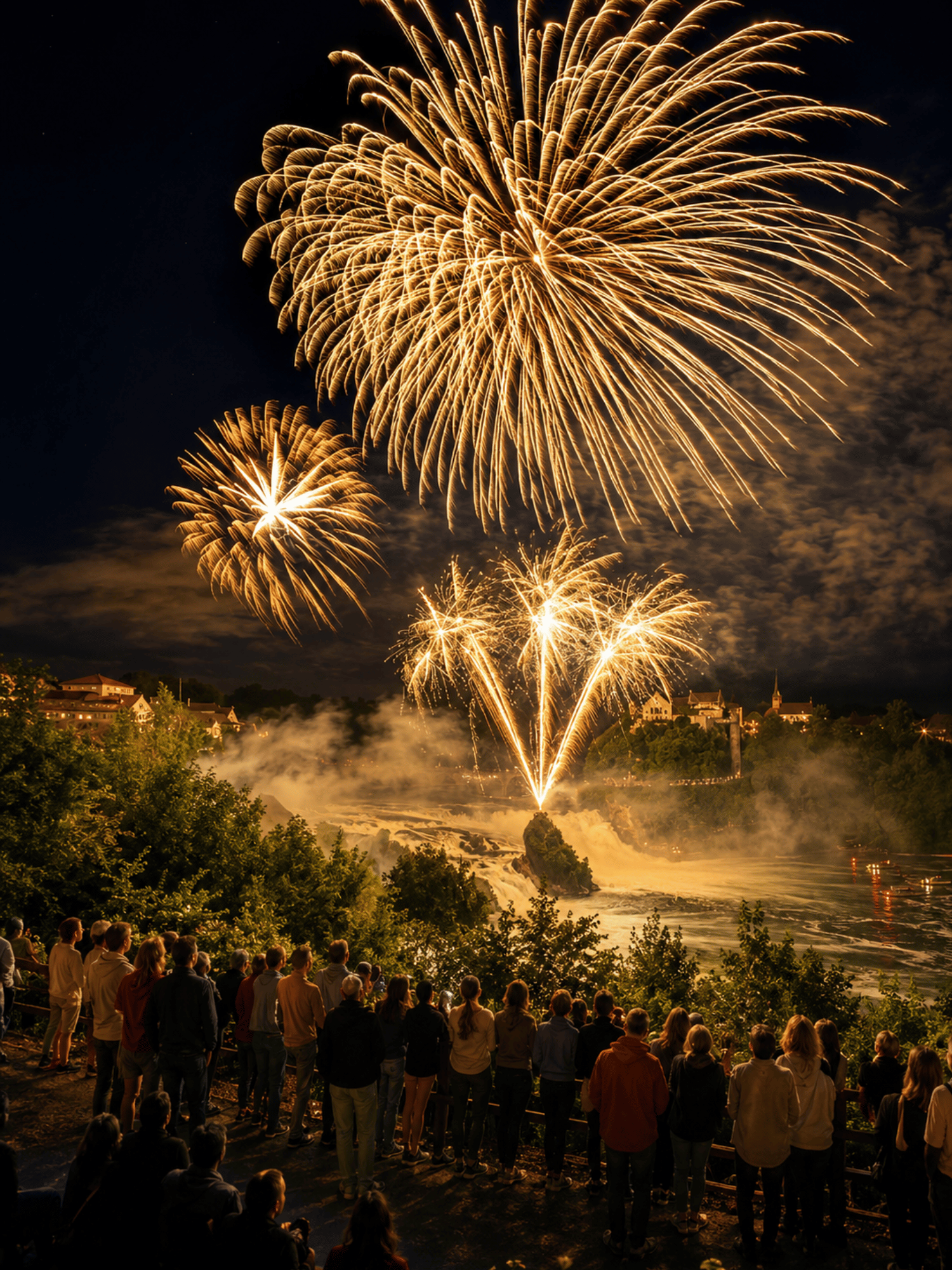 Grosses Höhenfeuerwerk über dem Rheinfall in der Schweiz bei Nacht mit zahlreichen Zuschauern und goldenen Feuerwerkseffekten über dem Wasser.