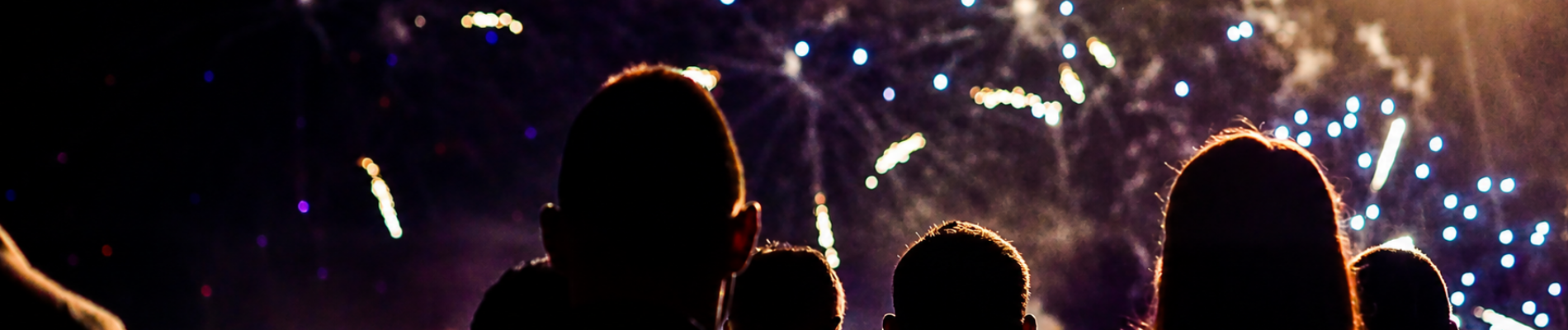 Silhouetten von Zuschauerinnen und Zuschauern vor einem spektakulären Feuerwerk mit leuchtenden Gold- und Blaueffekten am Nachthimmel – stimmungsvolle Atmosphäre einer professionellen Feuerwerksshow.